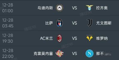 北京时间12月28日，明天的意甲第17轮安排了4场比赛，赛程如下：第一场01