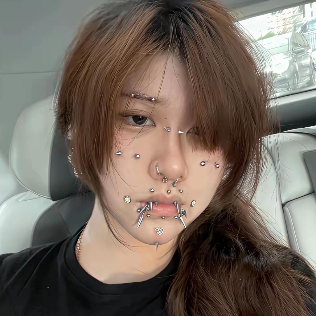挺漂亮的一张脸，为啥非要钉上一些钉子？从眉毛到鼻梁到脸蛋，特别是围绕着一张嘴四周
