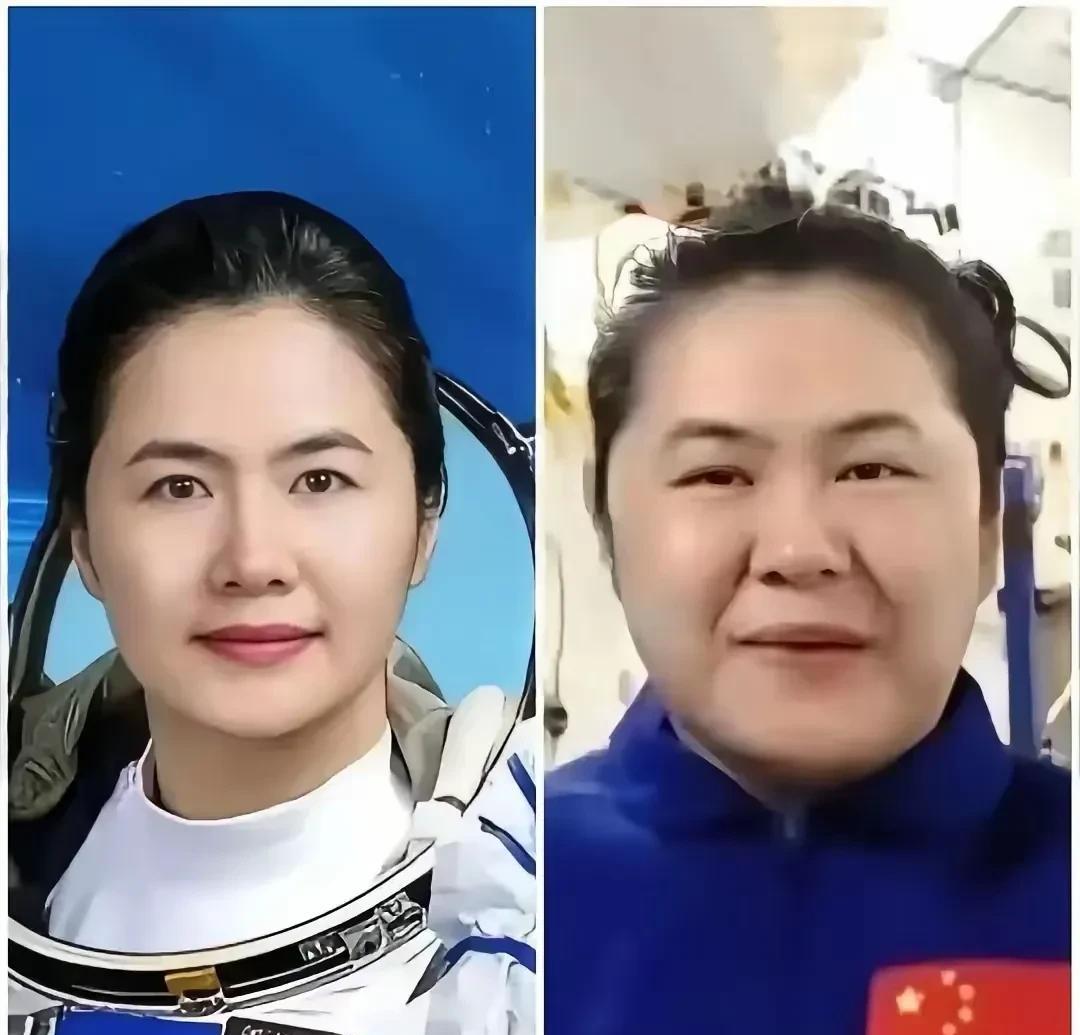 两组航天员返回地球的对比照片！我们中国女航天员王浩泽在太空执行任务90天返回脸部
