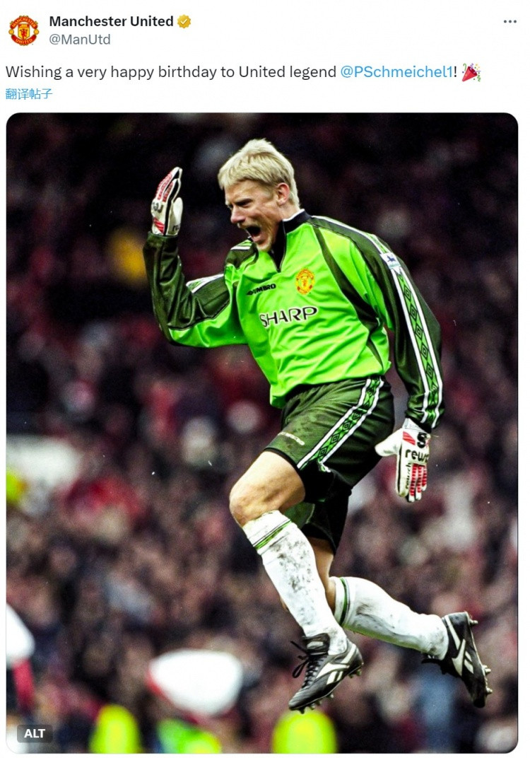 曼联官方祝舒梅切尔62岁生日快乐, 效力期间出战398场斩获15冠