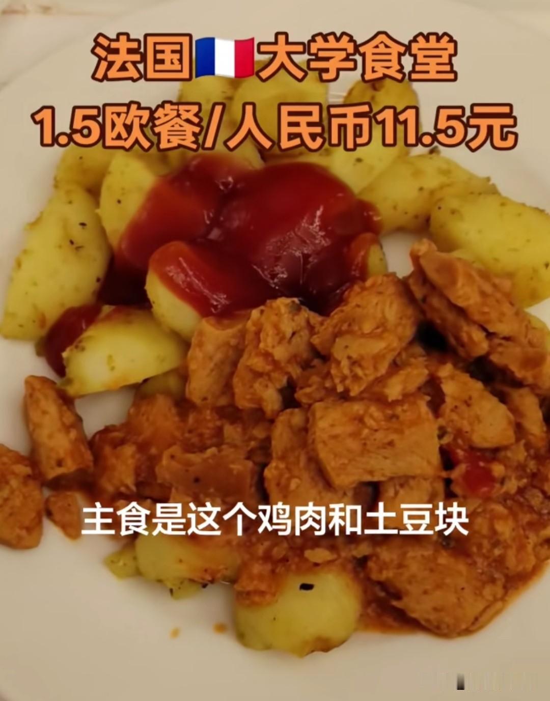 这是网友发的法国大学食堂1.5欧元（11块5人民币）的一顿饭，感觉食堂这顿饭还真