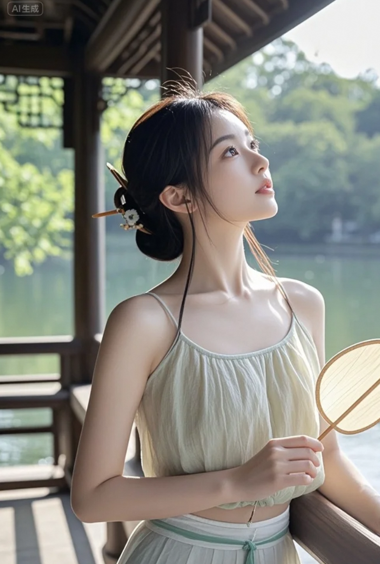 她站在湖边，像一幅会呼吸的水墨
