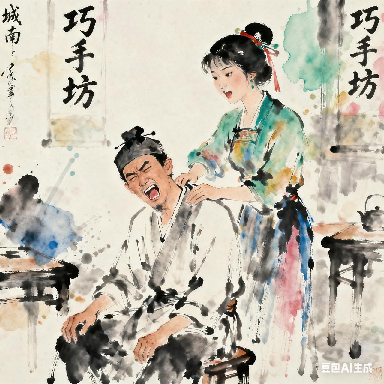 古代笑话城南“巧手坊”的翠巧按摩力道好，就是嘴碎。一日来了位肩颈僵硬