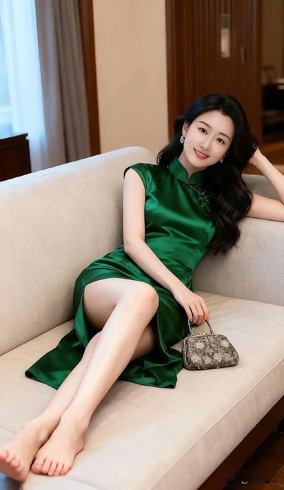 优雅绿丝绒连衣裙，尽显东方女性魅力