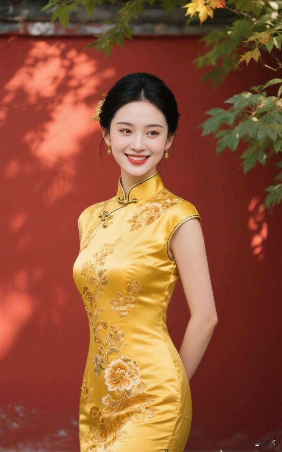 金色的旗袍，优雅的东方韵味，笑靥如花，尽显古典风情