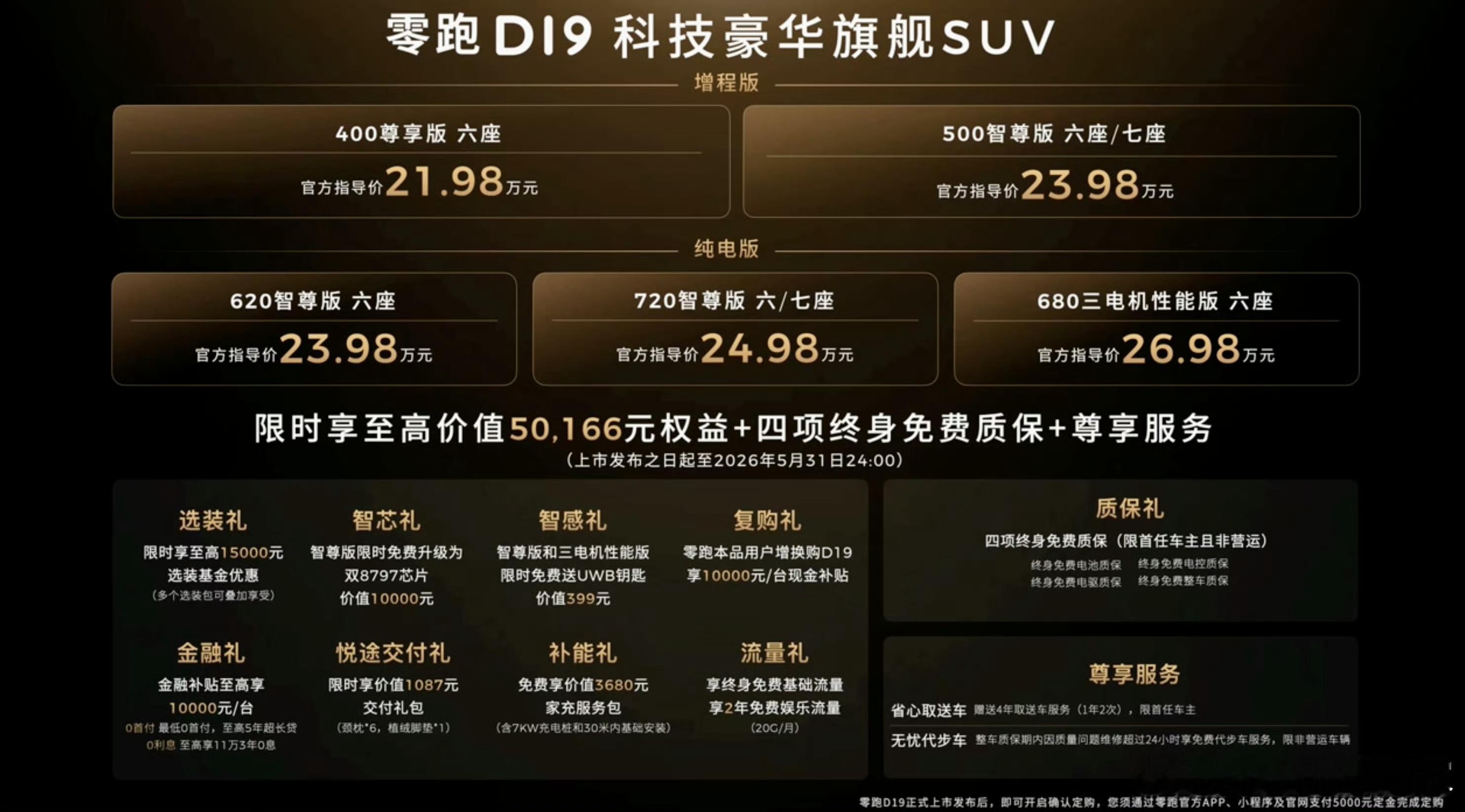 零跑D19价格公布了，增程版21.98万起，400km续航起，纯电版23.98万