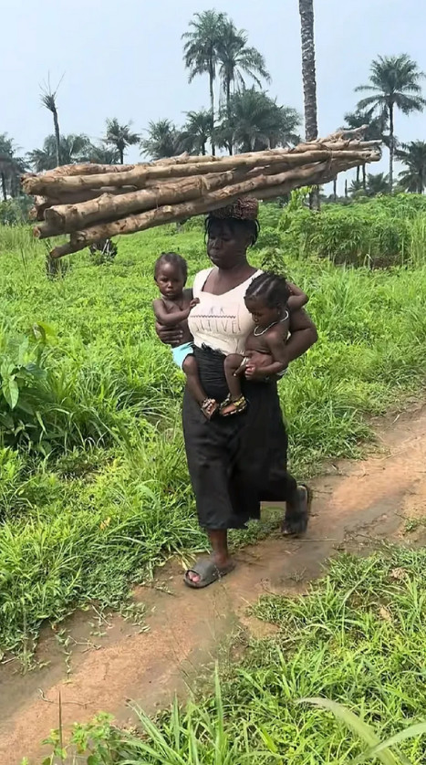 非洲的女人都当牛马使。这女人抱着两个孩子，头顶上顶着几根木头，走路很轻盈，一点也