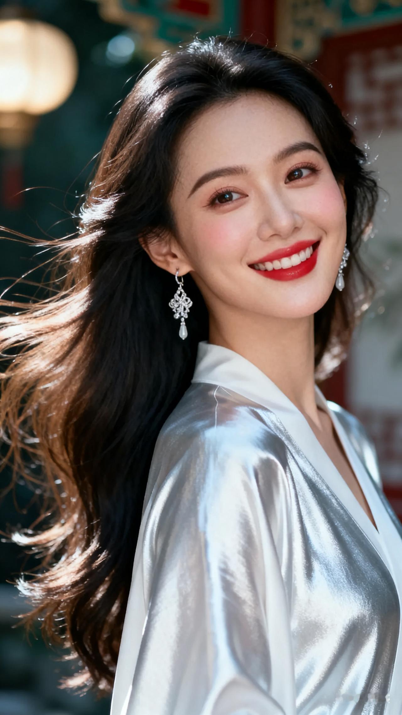 优雅知性美人银白服饰配精致配饰，轻回眸甜笑，发丝飘逸眼眸含情。神韵灵动，完美捕捉