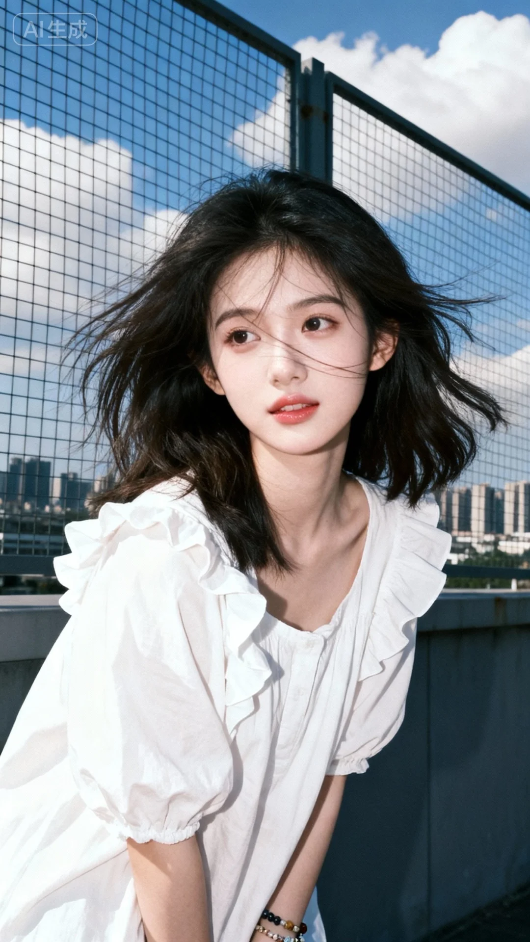 真实摄影，亚洲美少女薇薇，棕色蓬松中长发（被风吹起），穿着白色荷叶边装...