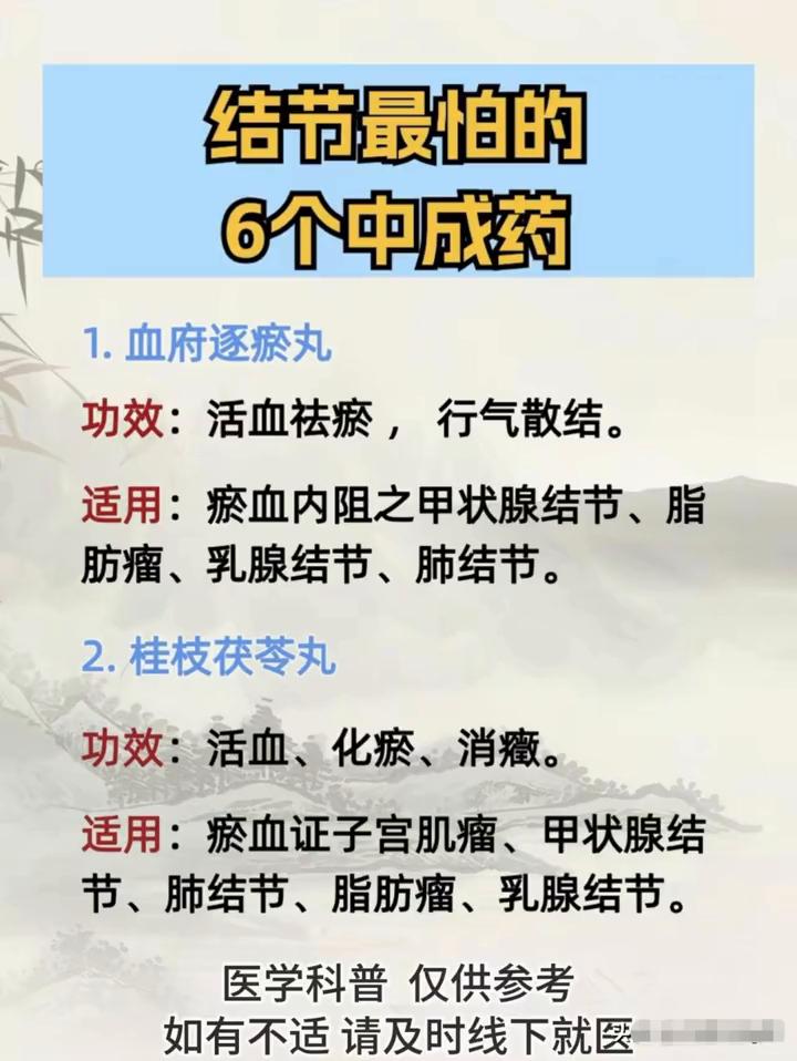 结节最怕的6个中成药。·1.血府逐瘀丸。功效：清火、散结、消肿。适用：瘀血内阻