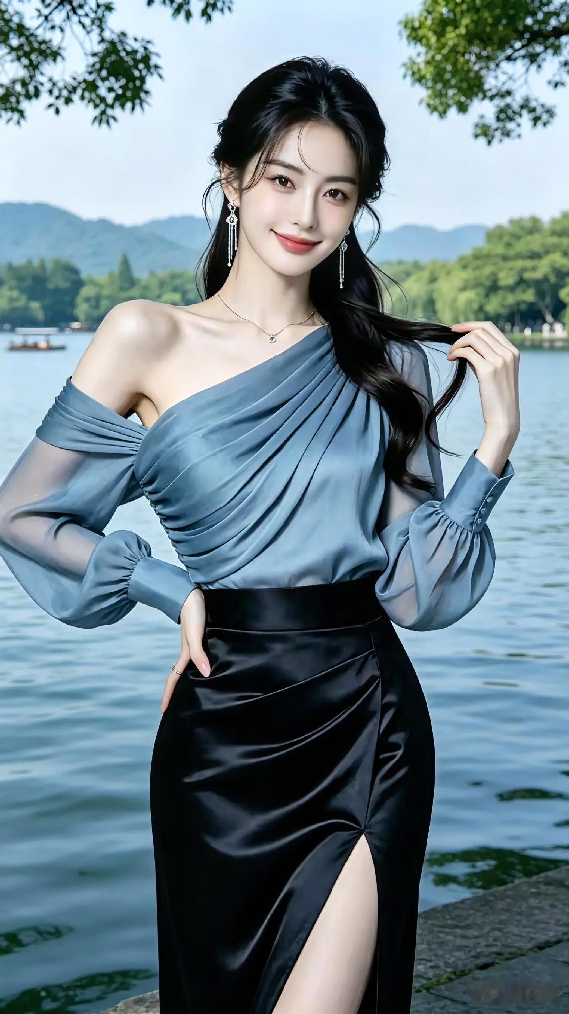 湖畔仙子，蓝裙飘飘，优雅动人美丽动人高雅气质美女心动美女鉴赏美女