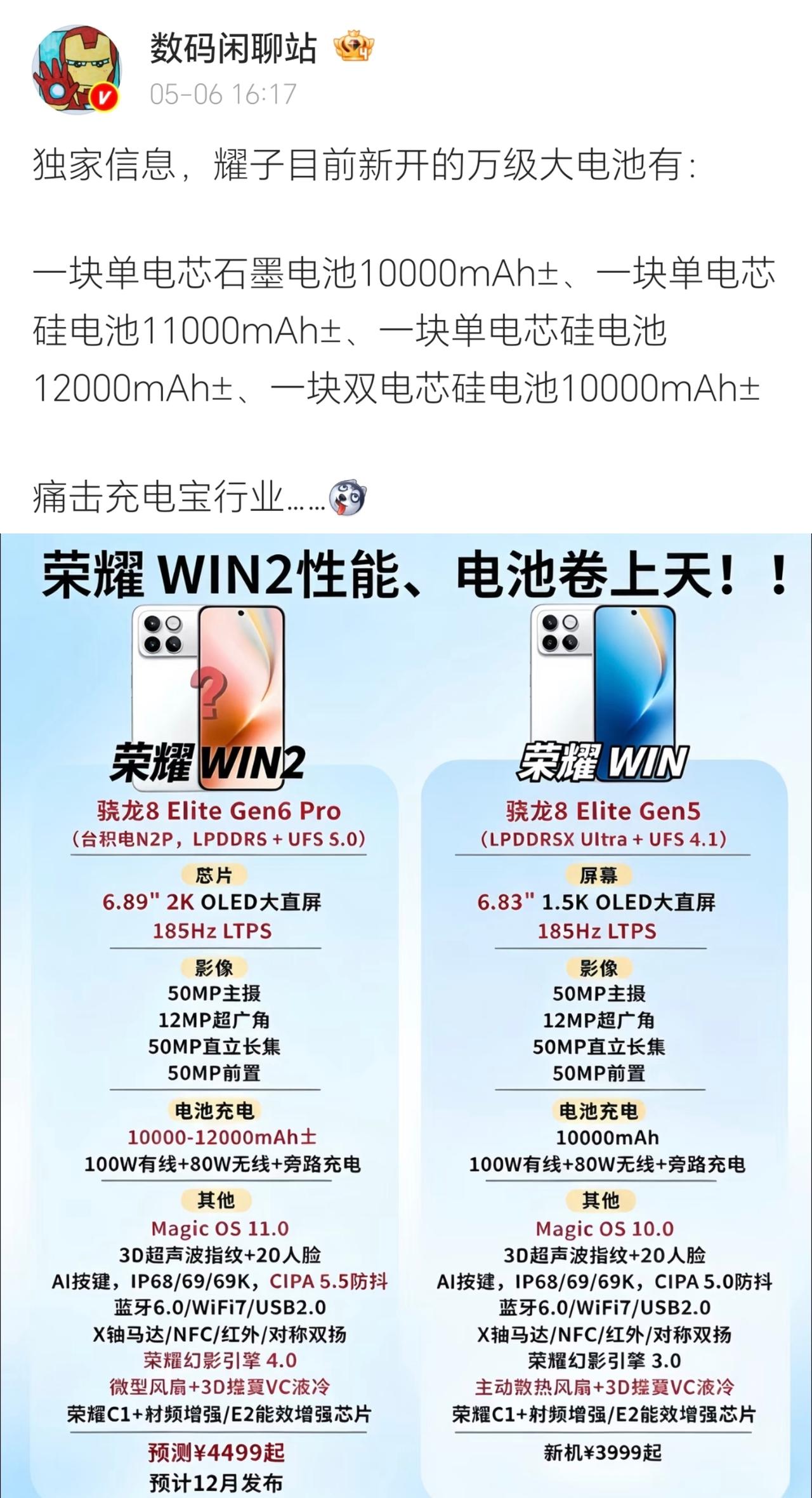 太疯狂了！荣耀彻底掀桌子，开启万级大电池普及时代，充电宝行业迎来时代落幕[捂脸哭]