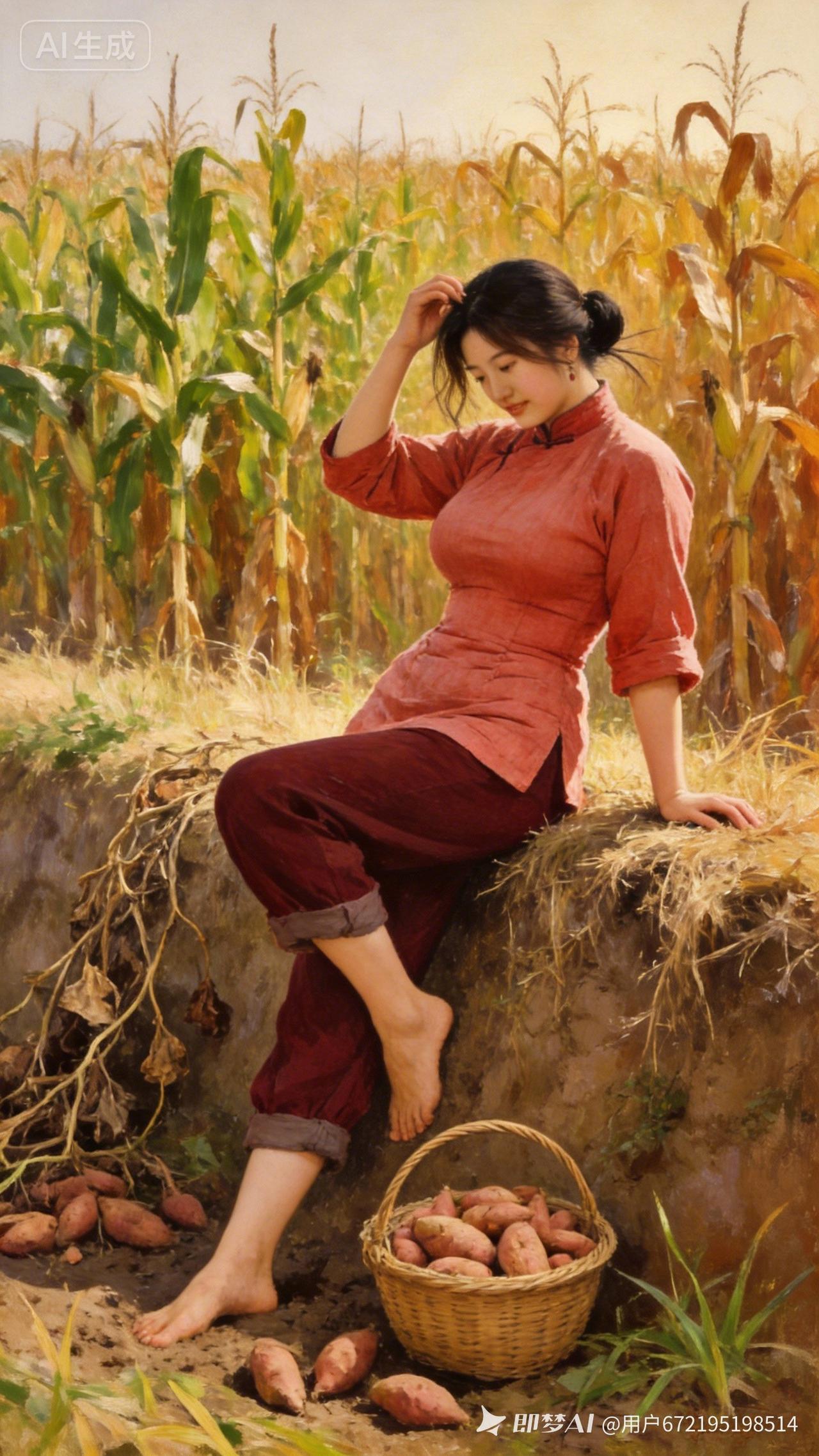 秋日田野里的少女，红衣飘飘，手抚发丝，脚边一篮红薯，静谧而美好。