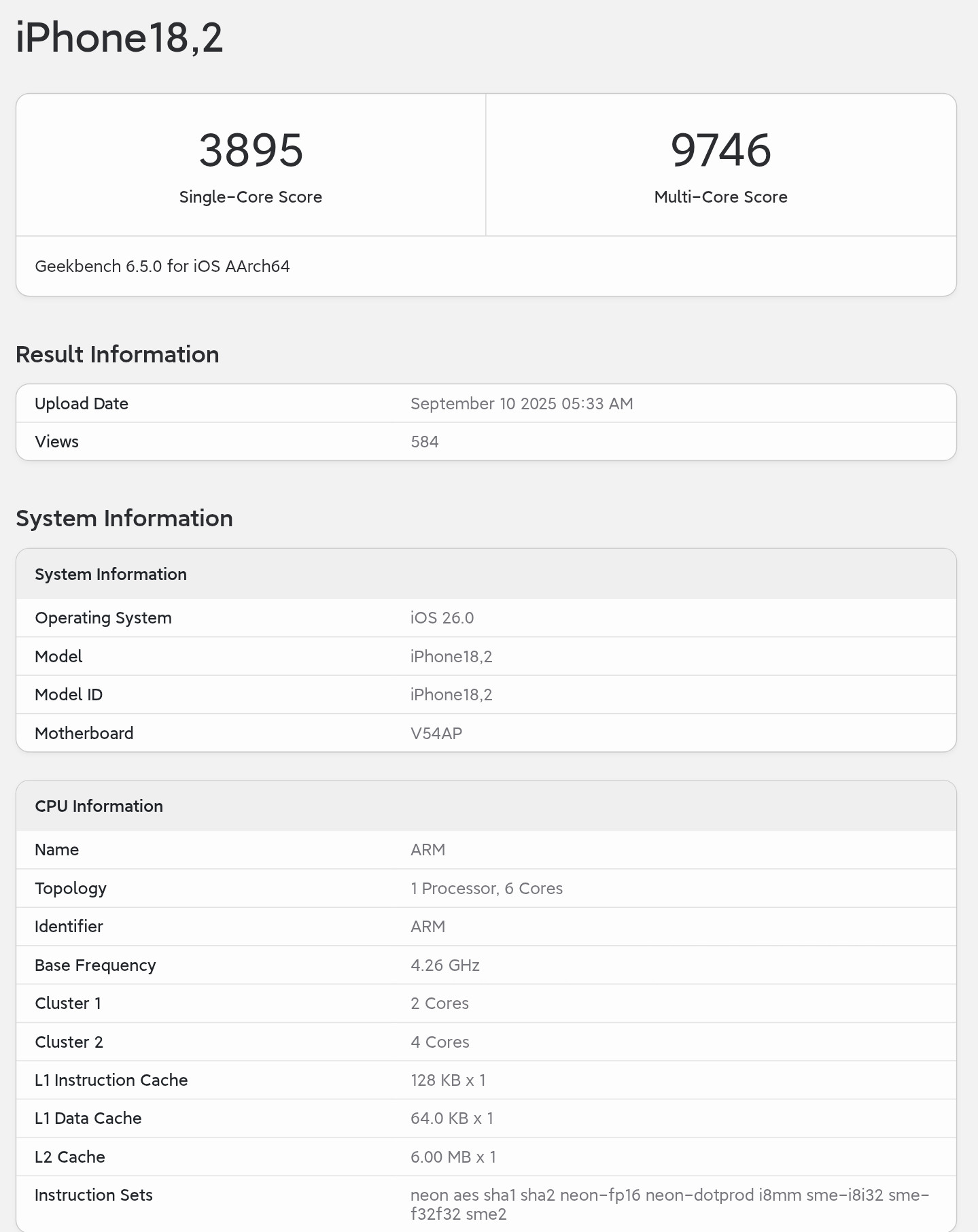 iPhone17ProMax/A19Pro首个跑分出来了，主频4.26GH