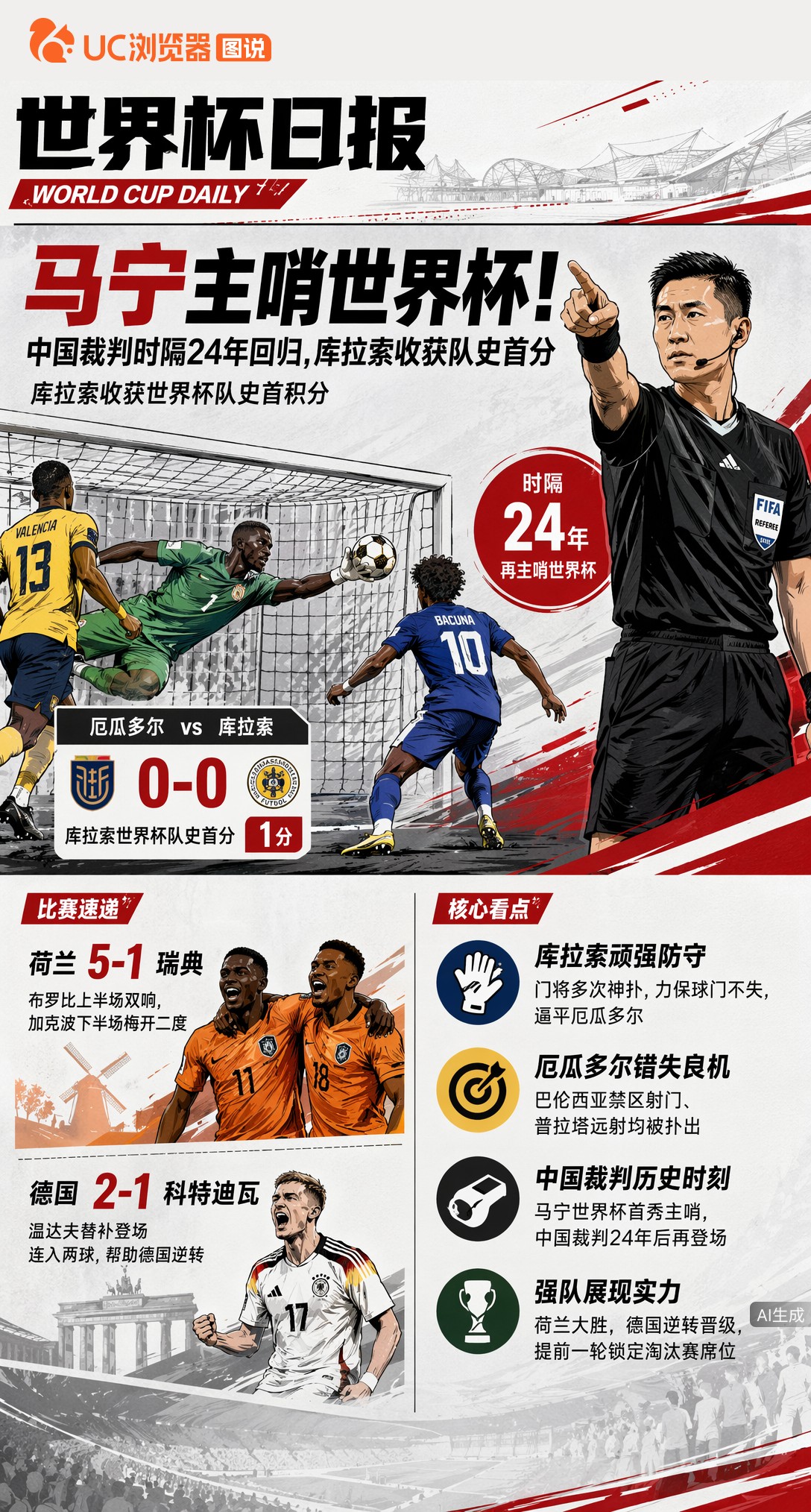 马宁主哨世界杯！中国裁判时隔24年回归，库拉索收获队史首分