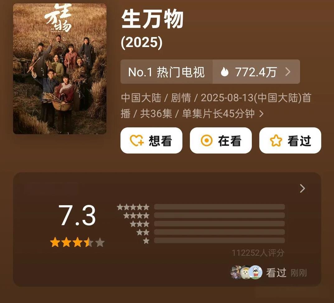 短短几天时间，《生万物》豆瓣口碑从7.5分跌成了7.3分，评论区出现了很多一星差