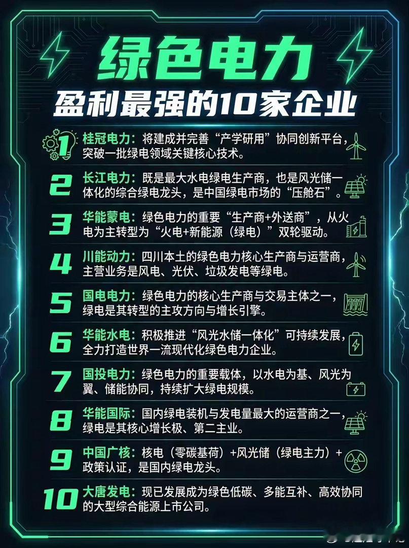 绿色电力，盈利最强的10家企业。绿色电力盈利能力股票知识