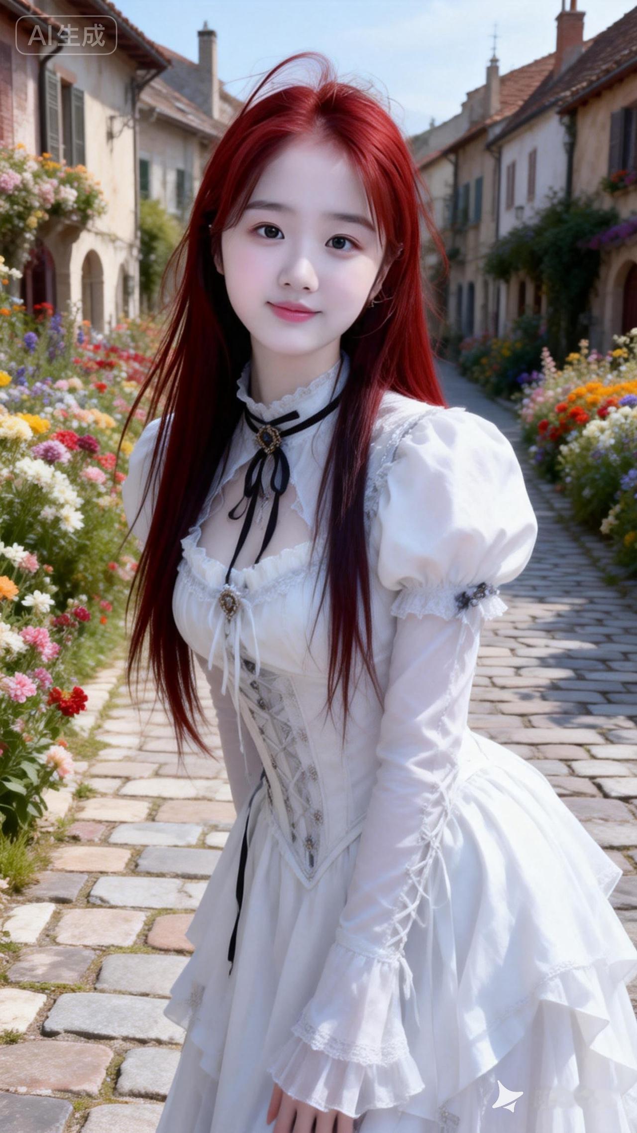 表情可爱红长直深色长发系带束缚，年轻娇小，发丝呈现出自然的蓬松感与垂坠感，长发散