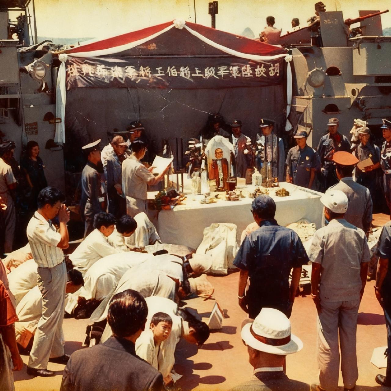 1977年，胡琏的葬礼仪式上，一张罕见的留影，这个仪式很特殊，因为是在船上举行的