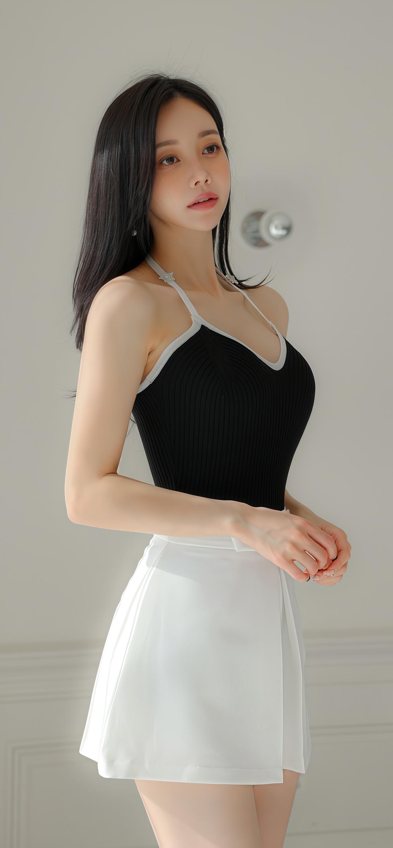 孙允珠优雅黑裙搭配白色短裙，简约而不失时尚感。