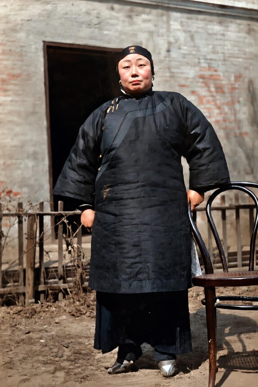 1940年，江苏，一位江南地主婆，面相富态，头戴抹额，身上是黑色绸缎斜襟长棉袍，