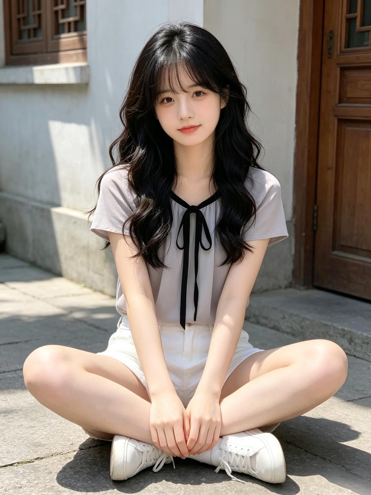 阳光洒在青砖白墙，灰白装少女笑意温柔治愈，这一刻的惬意与美好，是夏日里最清新的风