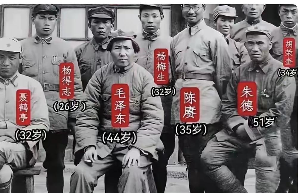 这张照片是长征后的集体照！44岁的毛主席占据C位，35岁的陈赓大将站在一旁，还有