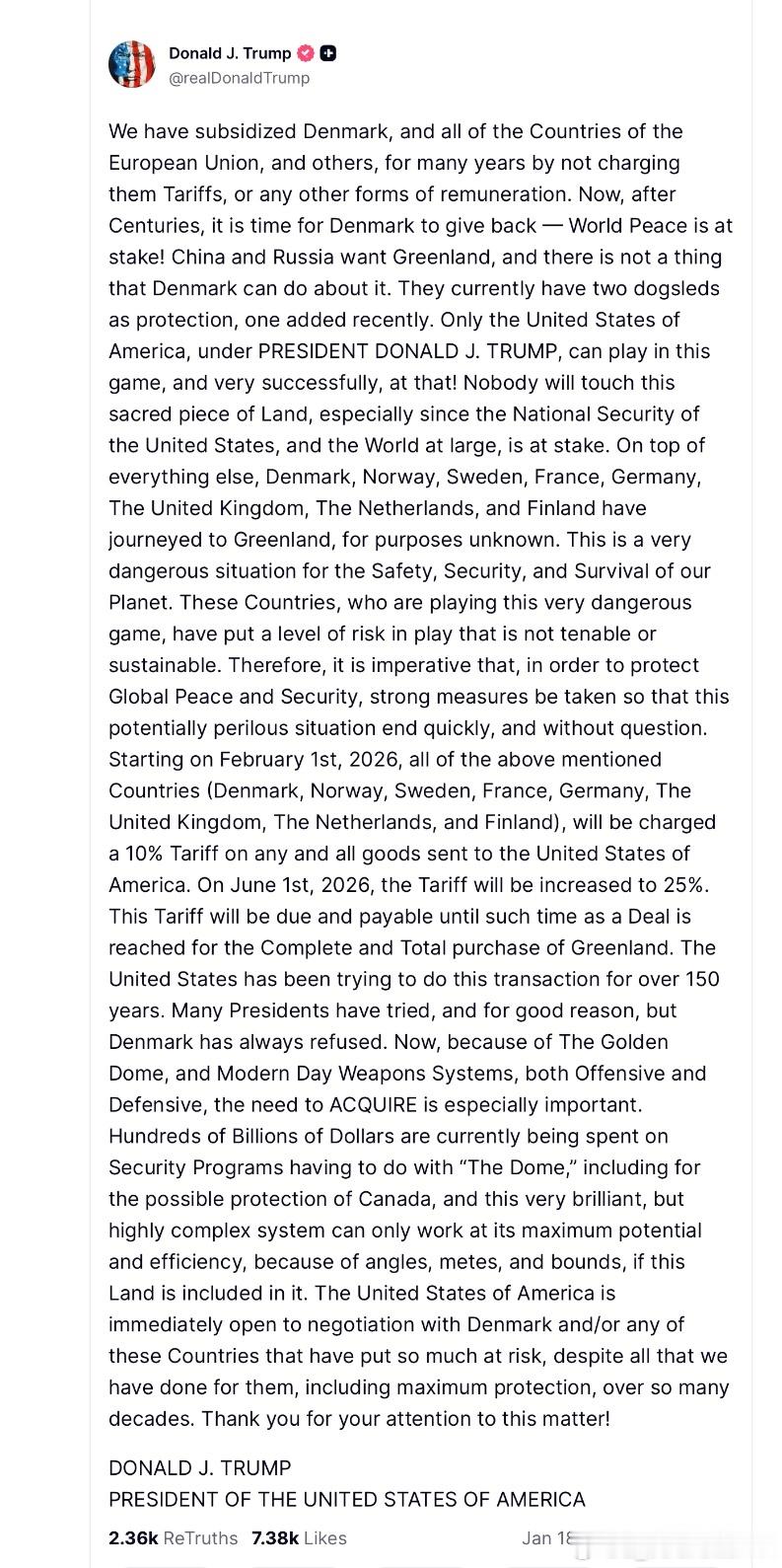 特朗普宣布对丹麦、挪威、瑞典、法国、德国、英国、荷兰和芬兰征收10%关税，以报复