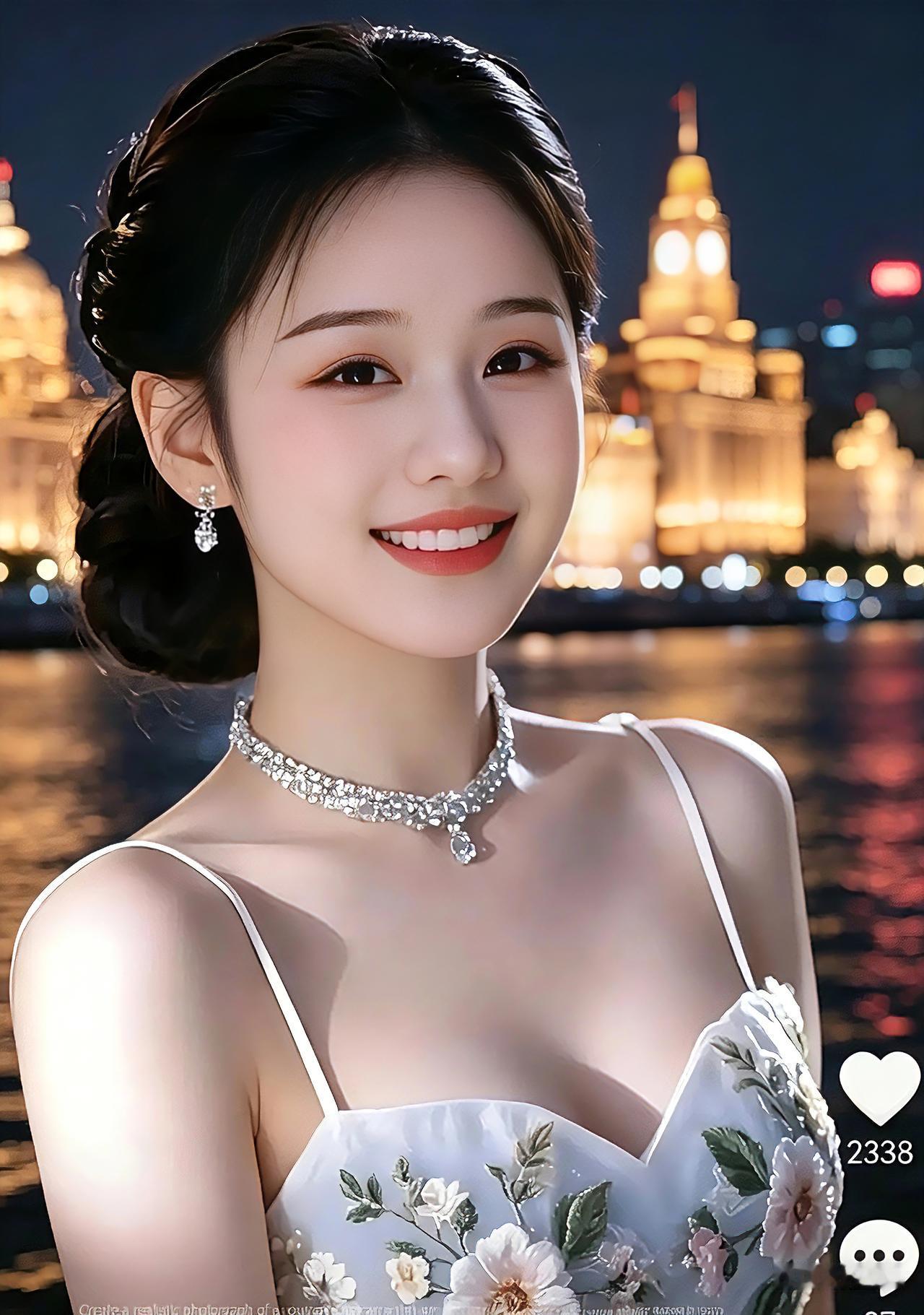 黄浦江边夜色柔，层楼灯火漾江流。云鬓盘成样式优，钻石耳坠亮悠悠。颈间项链