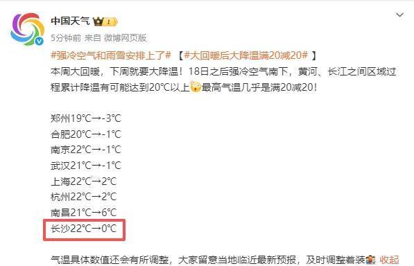 长沙气温将迎“满减式”暴跌市民需做好防寒应对据中国天气消息，长沙近期天气