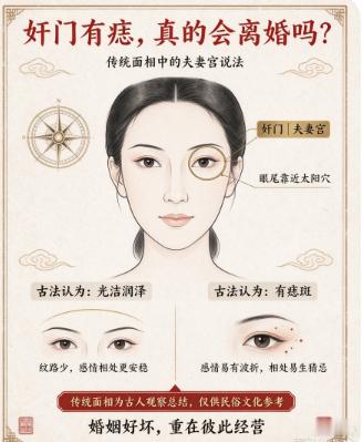 【面相小识｜奸门有痣，就代表婚姻不顺？】奸门，在传统面相学中也叫夫妻宫，就在眼尾靠近太阳穴的位置，古