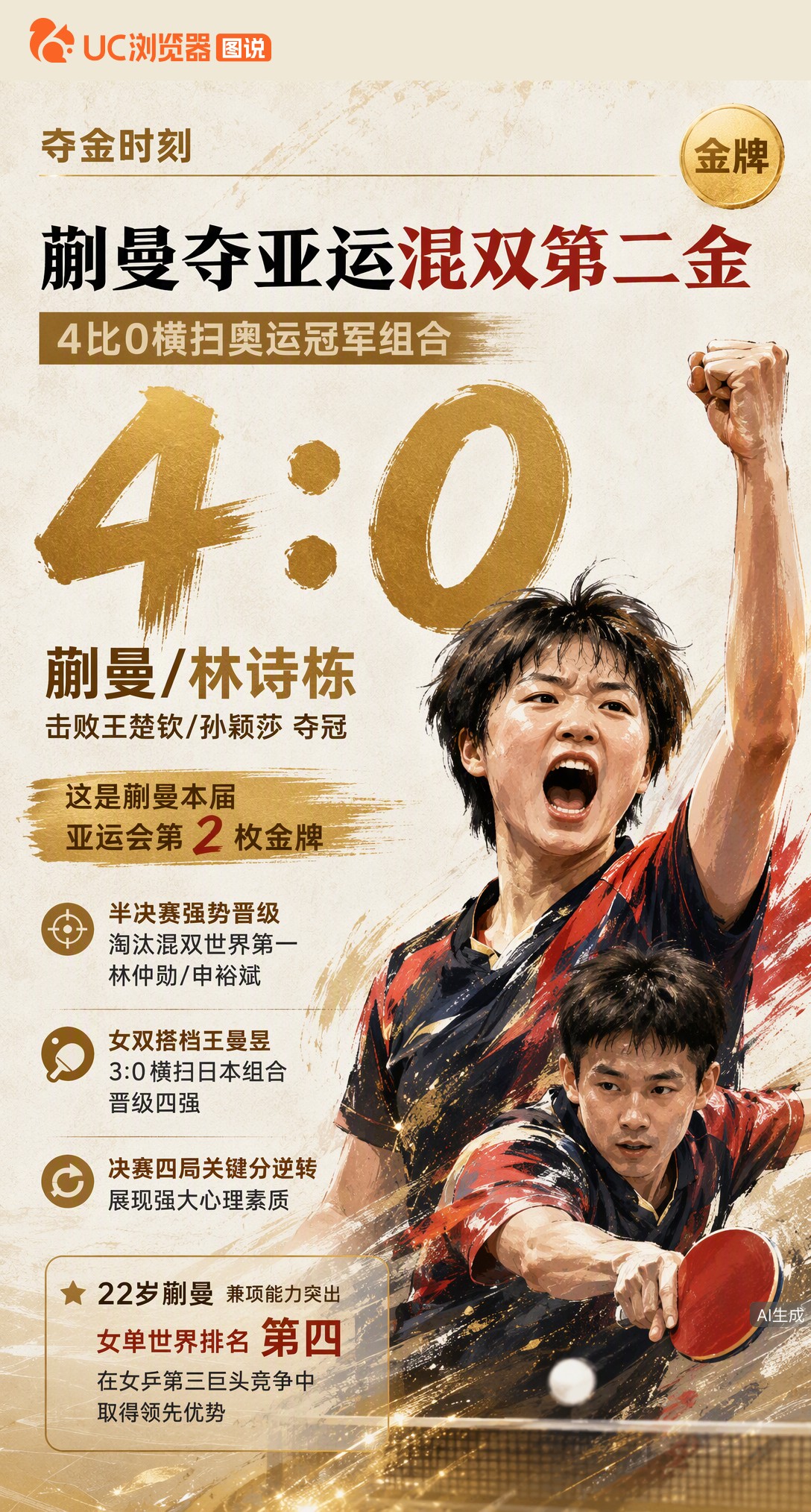 4-0横扫奥运冠军组合！22岁蒯曼搭档林诗栋夺亚运混双金牌，拿下个人本届第2金。决赛四局关键分逆转，