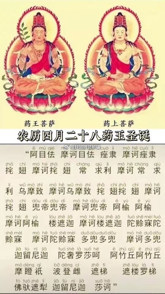 值此殊胜吉日，敬请转赞药王菩萨心咒，祈愿可消病祛痛、身强体健。师兄谨以诚心为诸位
