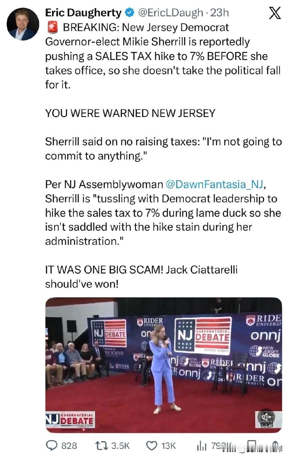 突发：新泽西民主党州长当选人MikieSherrill据报正在推动在她上任