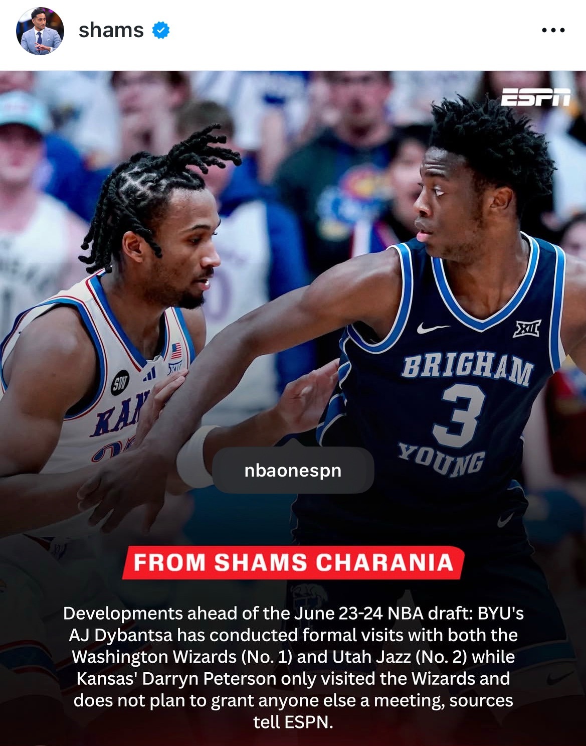 Shams：AJ-迪班萨已完成奇才和爵士两队的试训；皮特森仅与奇才完成单独试训，
