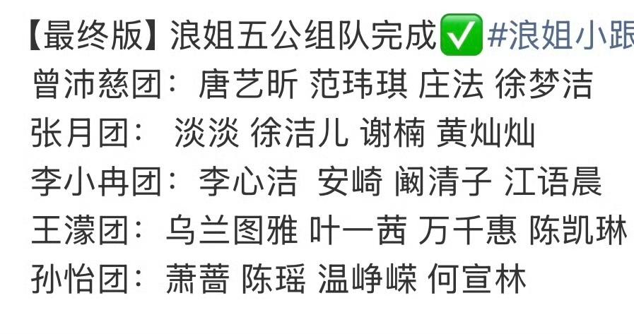 浪姐五公组队，张月，曾沛慈，王濛连任，李小冉回归队长，安琦变组内队员！这都五公