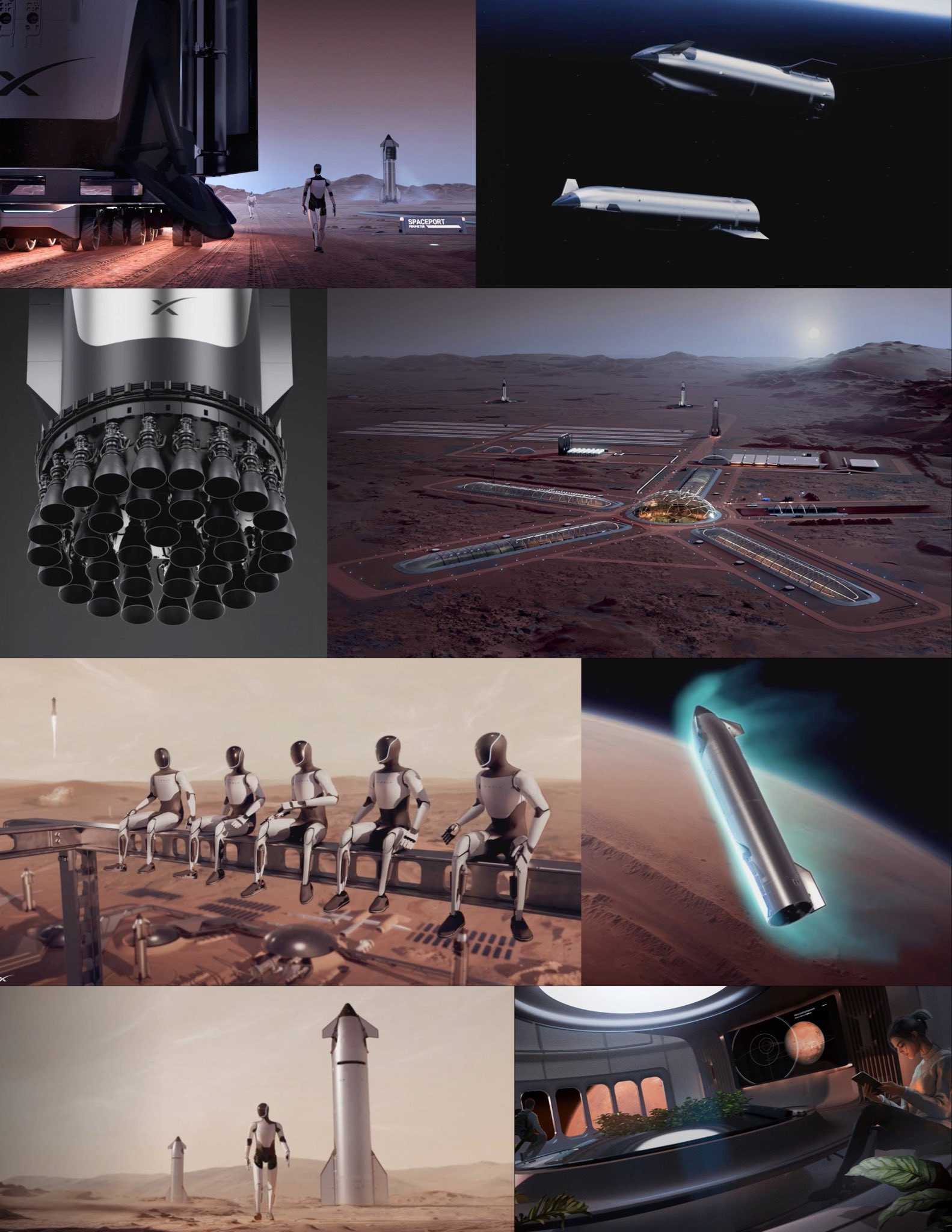 elonmusk分享了一组星舰载着tesla机器人建立火星基地的想象图。