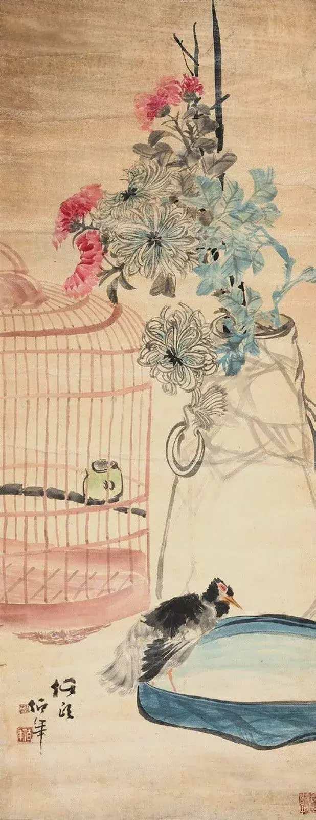 任伯年的绘画发轫于民间艺术，技法全面，山水、花鸟、人物等无一不能。重视写生，又融