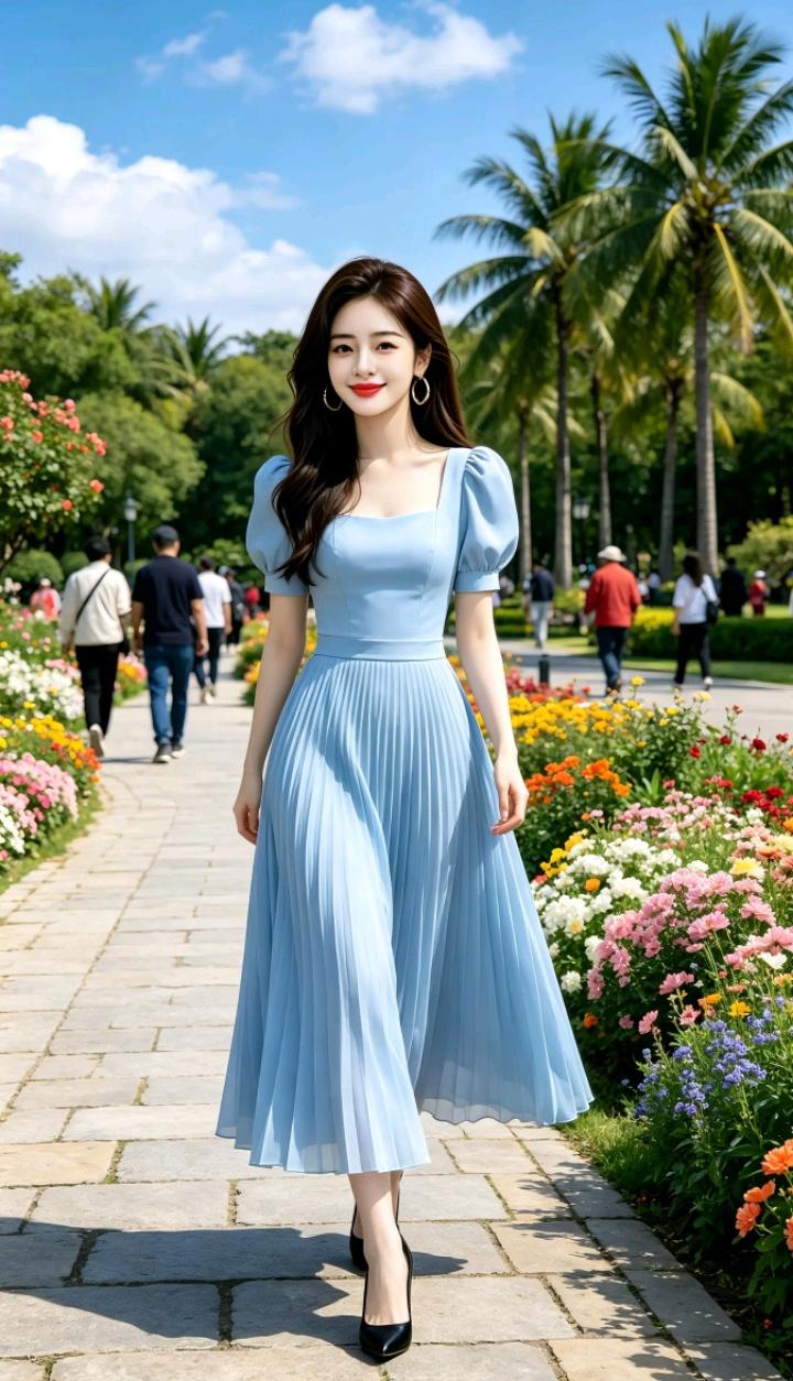 一位美女在花园里散步，好惬意！一个家，什么最重要。散步公园风景山野治愈系美女