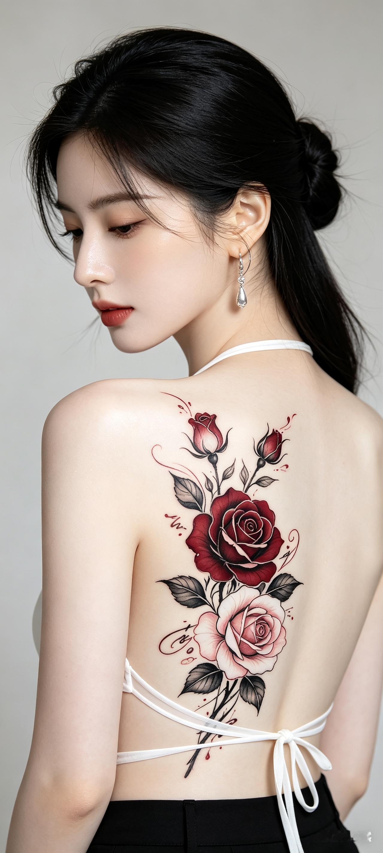 写实人像，黑发半扎冷白皮女生，后背玫瑰人体彩绘，白丝带肚兜配银坠耳饰，后侧中近景