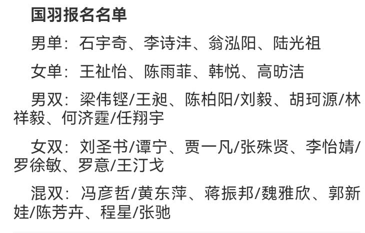 羽毛球亚洲锦标赛下个月开打，国羽受邀名单已公布。赛事总奖金55W美金。从名单