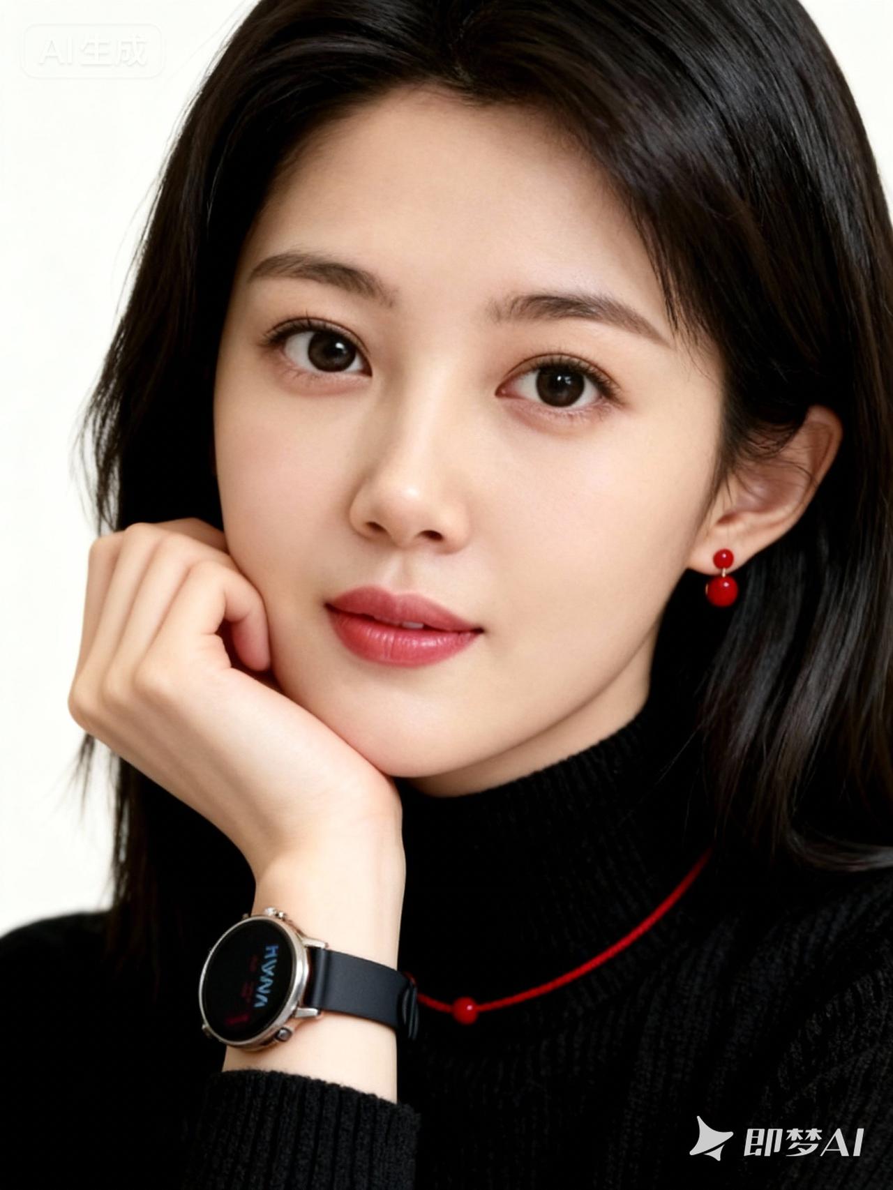 30岁中国女性美女！浅色的背景，年轻美女，大眼睛，双眼皮，高鼻梁，樱桃小嘴，穿黑