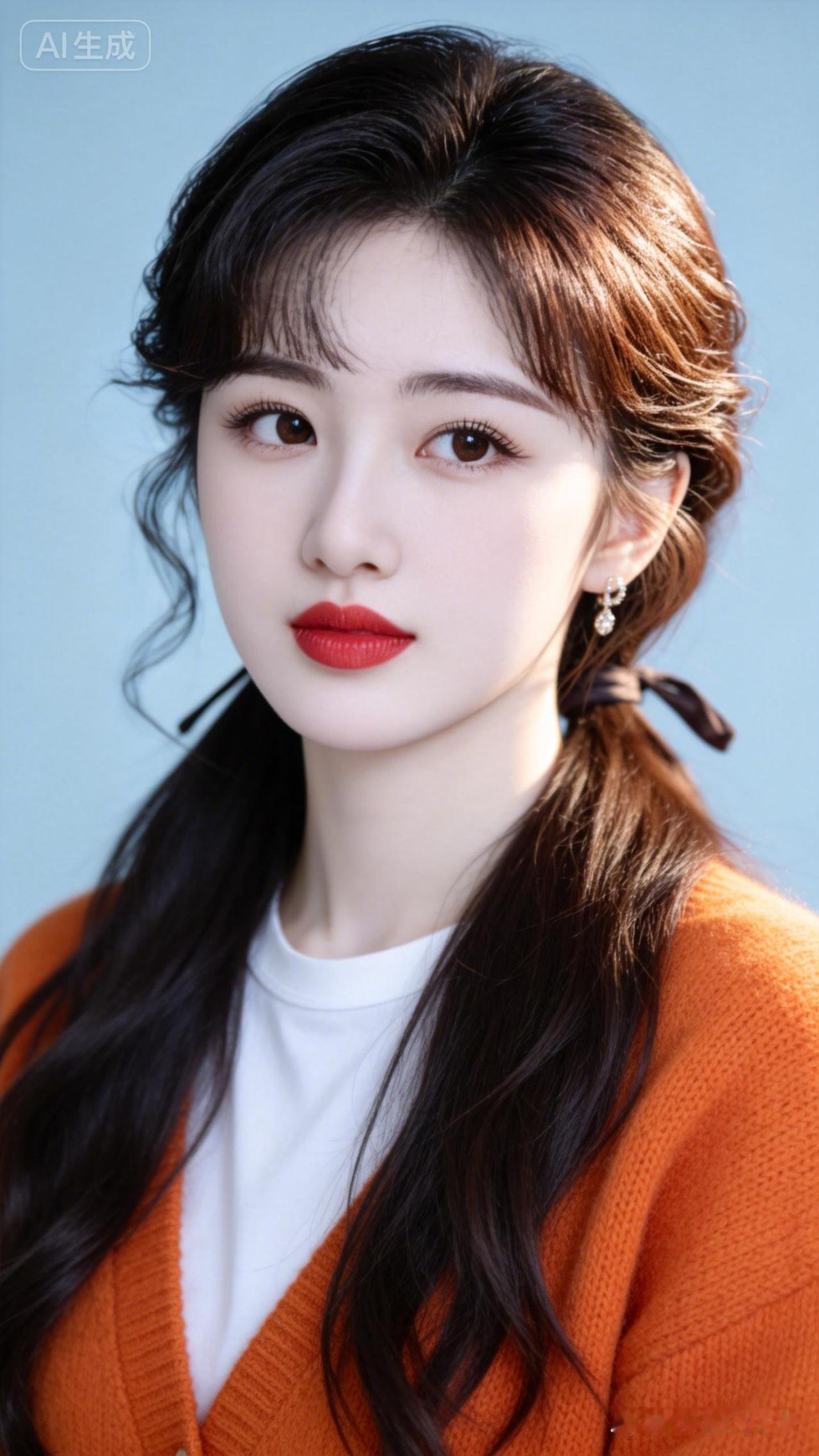 温柔甜美的少女，橙白撞色穿搭，清新自然。