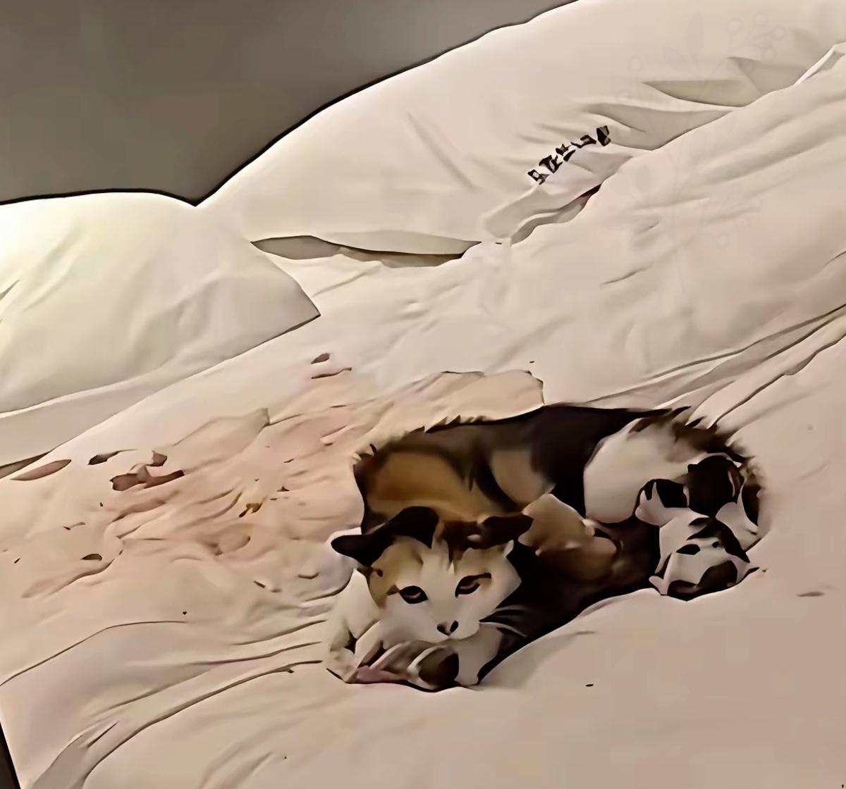 谁能想到住酒店还能偶遇流浪猫产崽，顾客开门瞬间直接愣住，床上的母猫正拼尽全力分娩