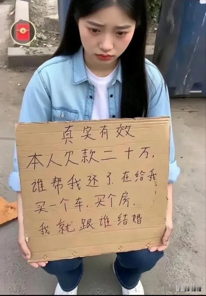 女孩征婚，本人欠款20万，谁帮我还了，再买部车、买套房，我就跟谁结婚。”这是