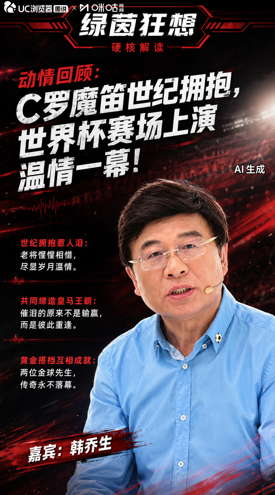 韩乔生看到C罗魔笛赛后相拥，热泪盈眶！