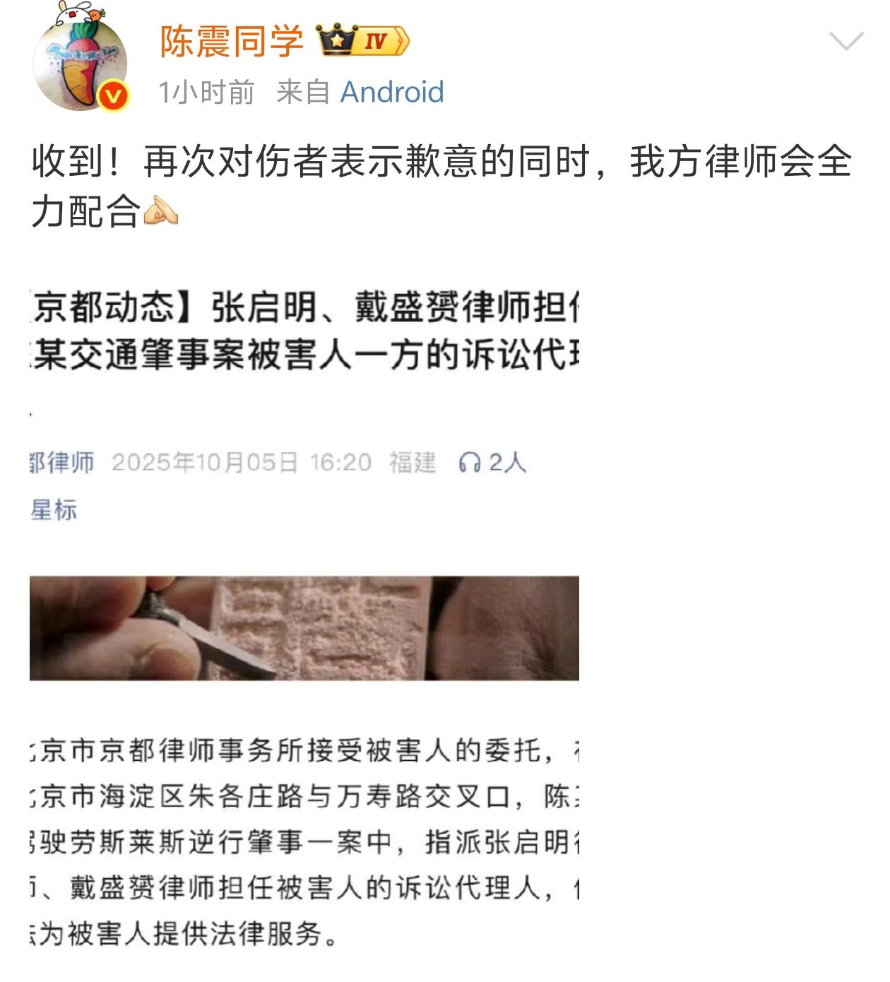 本以为陈震和被撞车辆家属可以通过协商解决问题，但结果却闹上法庭了。对方律师用词更