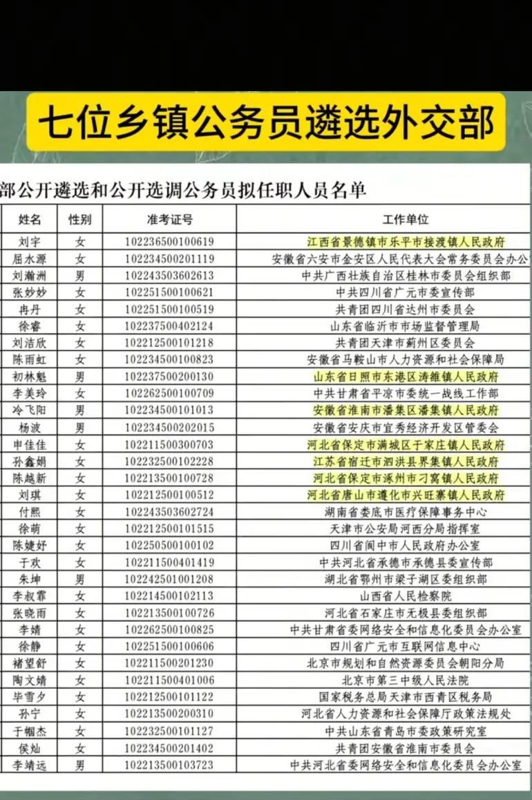 太厉害！外交部拟录多人，其中7人来自乡镇，从乡镇镇长遴选到外交部！特别佩服遴选