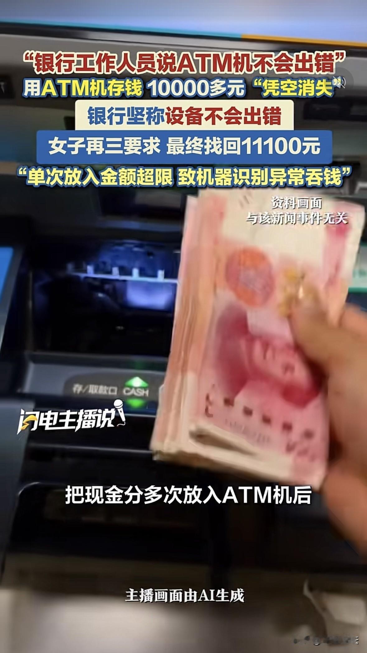 杭州，女人拿着3万元左右的现金去ATM机存款，几次存入后短信提示一共到账了132
