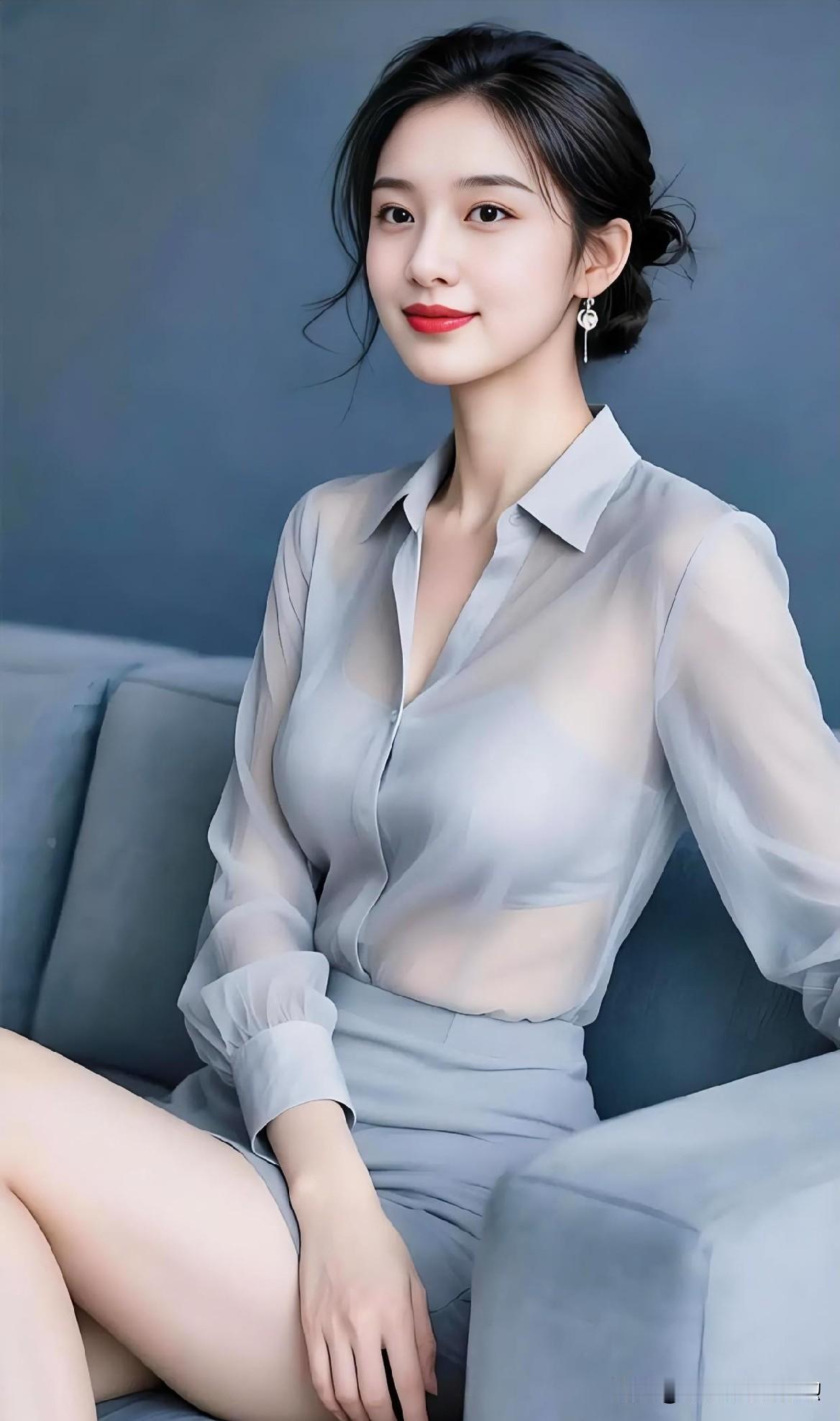 灰蓝薄纱透温婉，盘发雅致衬红唇，静倚沙发，气质清冷而高级。